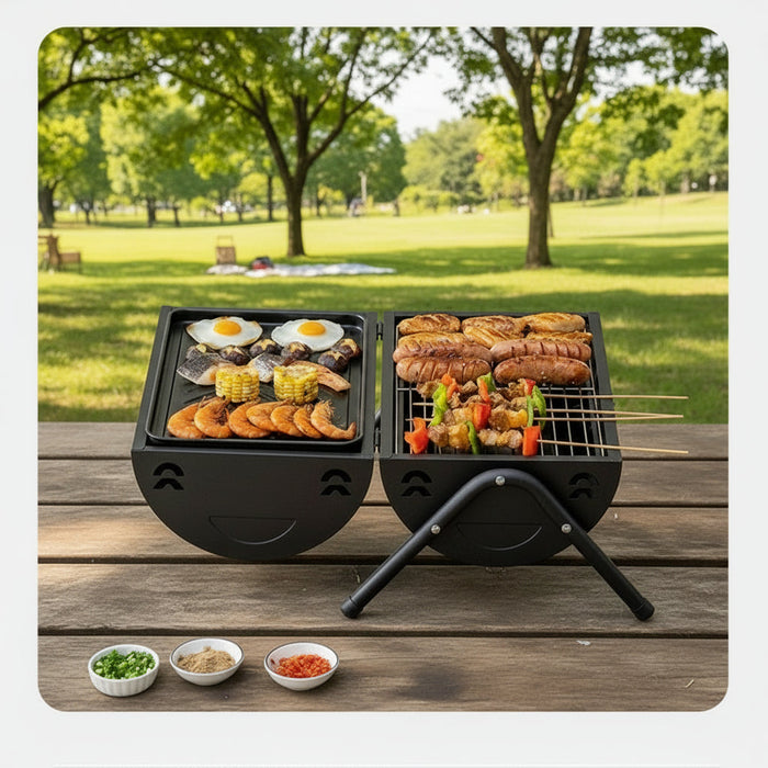 Portable charcoal barbecue grill with wooden handle and lockable lid, ideal for outdoor grilling and smoky barbecues.