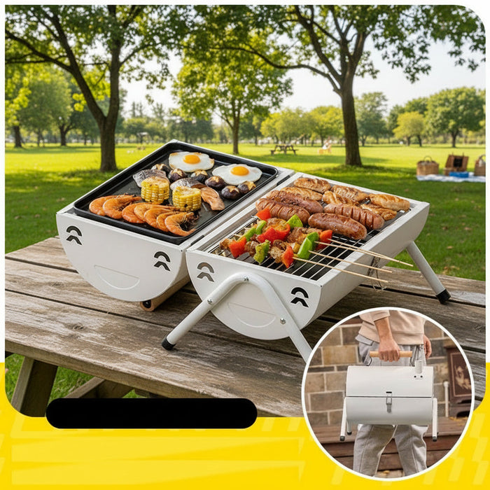 Portable charcoal barbecue grill with lockable lid and wooden handle, ideal for outdoor cooking and grilling.