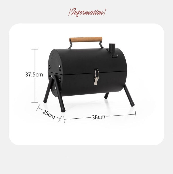 Portable charcoal barbecue grill with lockable lid and wooden handle, ideal for outdoor cooking and grilling.