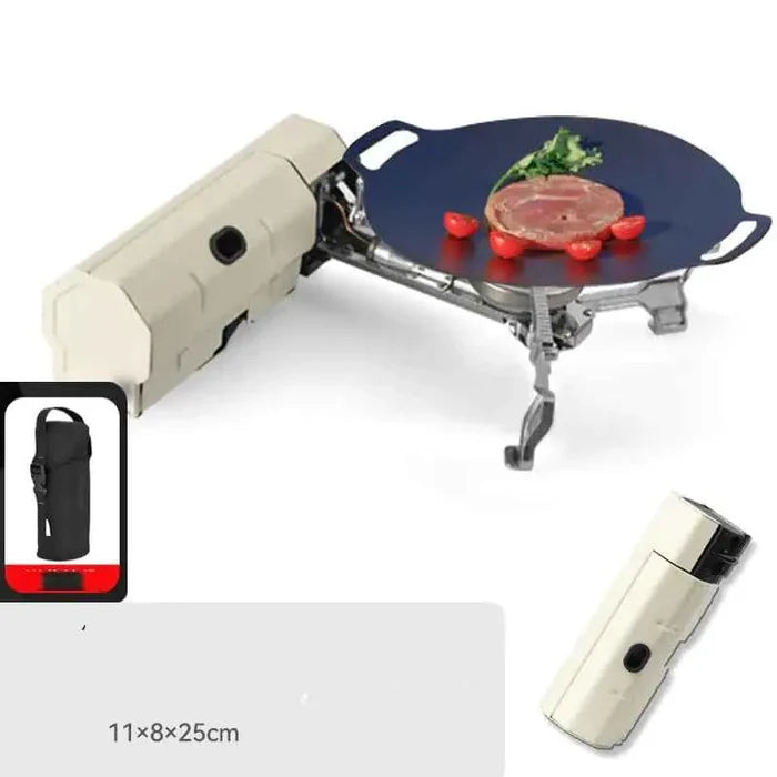 Portable folding camping gas stove by Mead's Supply & Equipment Outfitters, compact outdoor camping burner in military green.