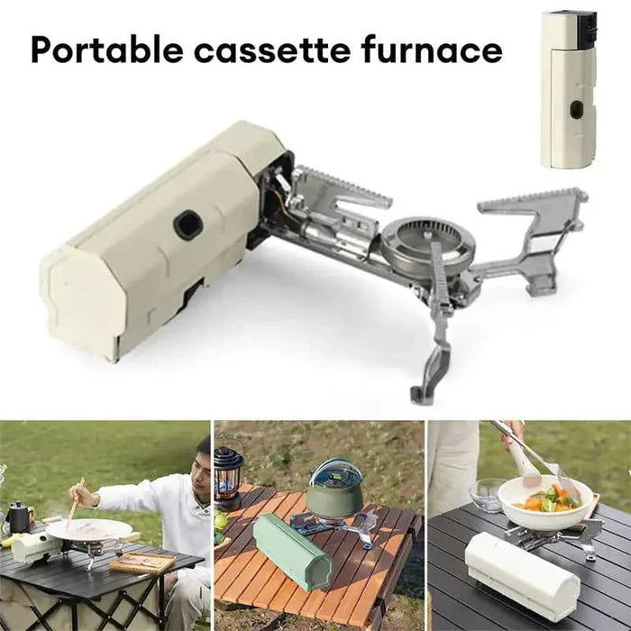 Portable folding camping gas stove in military green, compact outdoor cooking system by Mead's Supply & Equipment Outfitters.