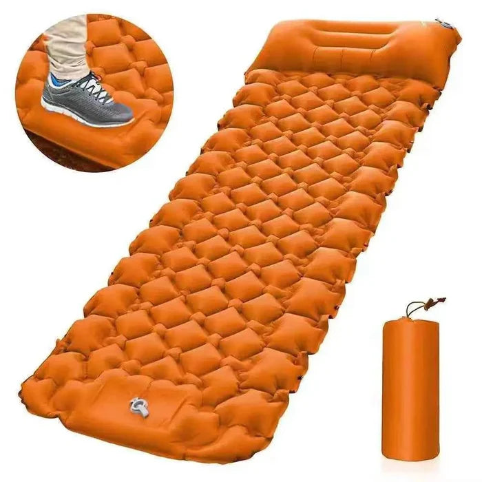 Mead's Supply & Equipment Outfitters portable inflatable camping mattress in orange, lightweight, moisture-proof sleeping pad, 196x68x8cm.