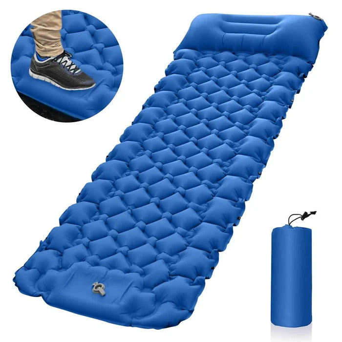 Orange portable inflatable camping mattress by Mead's Supply & Equipment, 196x68x8cm lightweight sleeping pad, moisture-proof camping gear.