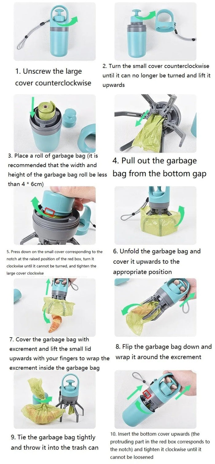 Portable pooper scooper by DogTreatNZ shown with handle and waste collection tray for easy dog poop cleanup.