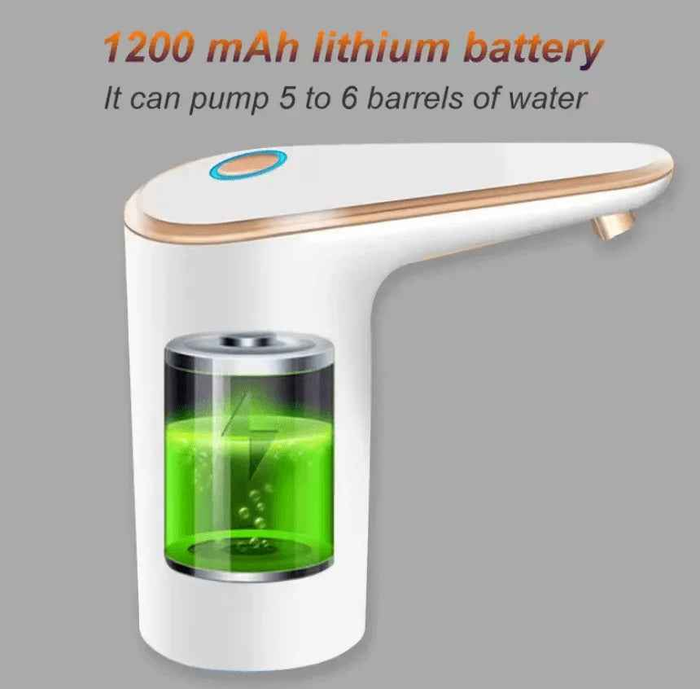 Techplus portable USB rechargeable water bottle dispenser pump shown with a clear water bottle and dispensing nozzle.