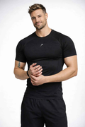 Fuaark NZ Power Black Seamless Workout T-Shirt for men, moisture-wicking fabric with 4-way stretch, designed for active comfort.