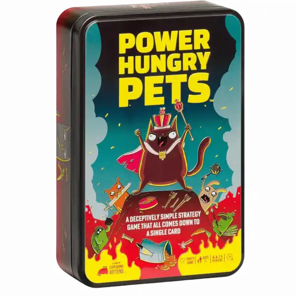Rectangular black tin with yellow title, featuring a crowned cat on a hill above smaller animals in a fiery landscape.