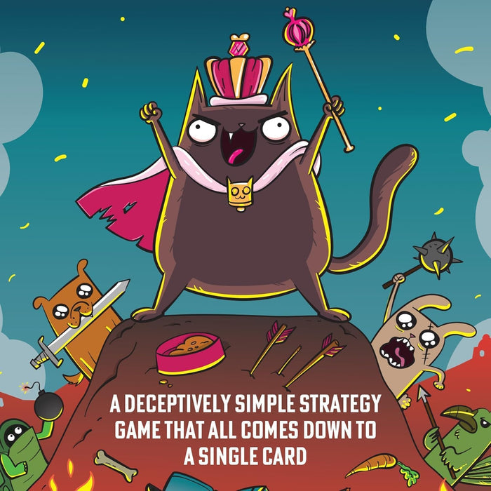 Cartoon brown cat in a crown and cape on a hill. Text: A strategy game that all comes down to a single card.