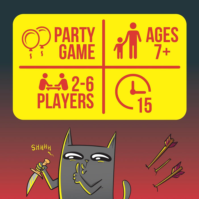 Yellow info box with red text: Party, Ages 7+, 2-6 Players, 15 min. Below, a gray cat shushes while holding a dagger.