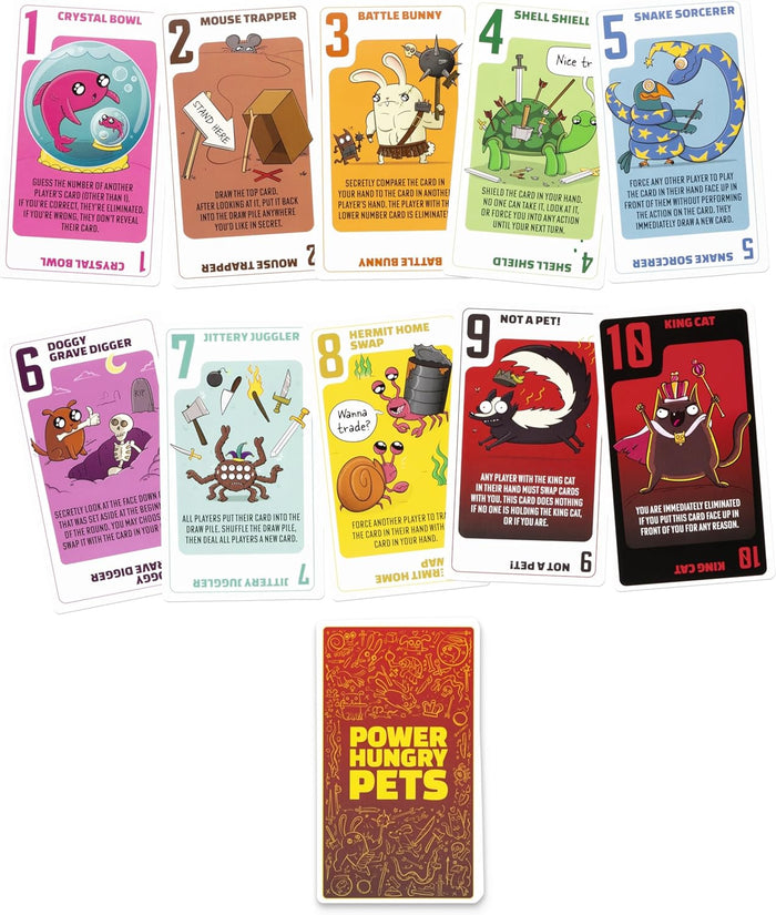 Ten colorful playing cards with quirky cartoon animals and a red and yellow patterned card back.