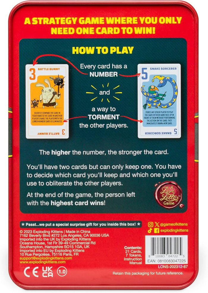 The back of a red tin game box showing how-to-play instructions, two character cards, and a list of game contents.