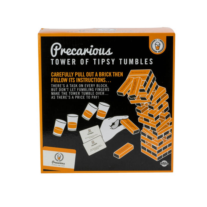Orange and black box for Precarious game featuring an illustration of a tilting wooden block tower and shot glasses.
