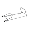 Silver metal folding frame stand with four legs, two black caster wheels, and two U-shaped support rails.