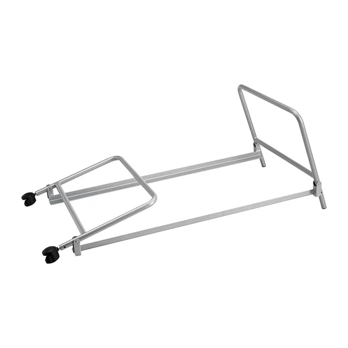 Silver metal folding frame stand with four legs, two black caster wheels, and two U-shaped support rails.