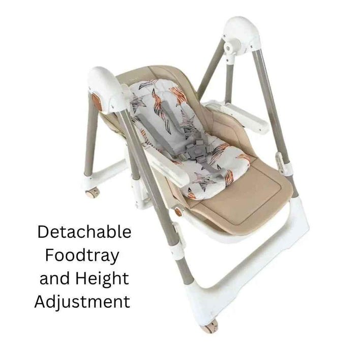 Preorder Baby Way NZ Jupiter Beige 2-in-1 high chair and swing, showing the beige cushioned seat and adjustable frame.