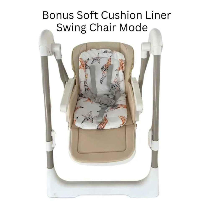 Baby Way NZ Jupiter Beige 2-in-1 high chair and swing, showing the beige wooden frame and versatile design for babies.