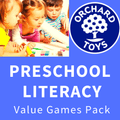 Blue graphic with a photo of children playing, circular white logo, and bold white Preschool Literacy text.