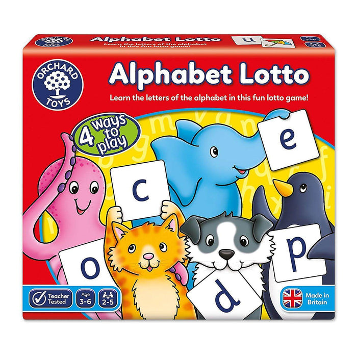 Alphabet Lotto game box with a red background featuring colorful cartoon animals holding alphabet letter tiles.