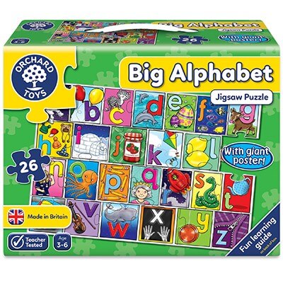Green Orchard Toys Big Alphabet jigsaw puzzle box featuring 26 colorful letter pieces with animal illustrations.