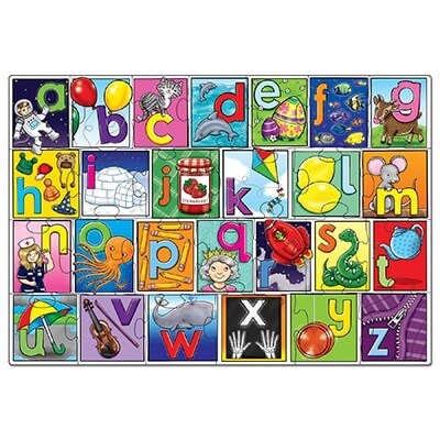 Vibrant alphabet puzzle with letters A-Z and matching illustrations like a cat, octopus, and astronaut.