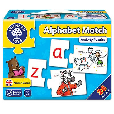 Blue Orchard Toys box for Alphabet Match puzzles featuring illustrated letter and picture puzzle pieces.