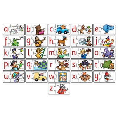 Colorful two-piece alphabet puzzles showing red lowercase letters and matching cartoon illustrations from a to z.