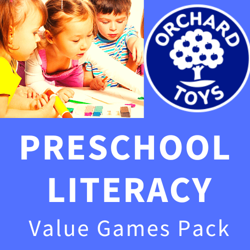 Children playing above the Orchard Toys logo and text reading Preschool Literacy Value Games Pack on a blue background.