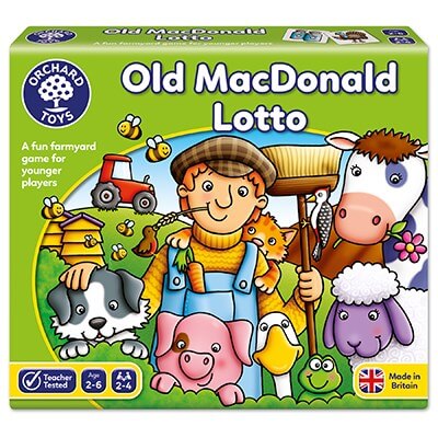 Green box for Old MacDonald Lotto featuring a cartoon farmer, dog, cow, pig, sheep, and a red tractor.
