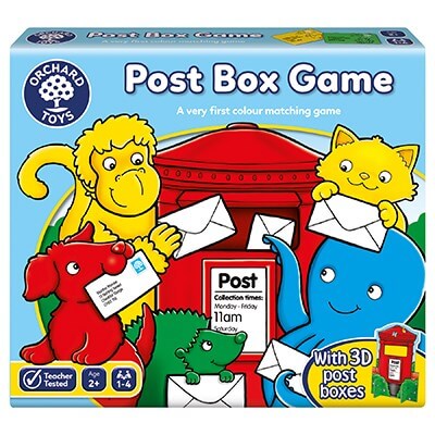 Colorful game box featuring a red post box and cartoon animals like a yellow monkey and blue octopus holding letters.