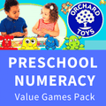 Two children playing with colorful animal characters, the Orchard Toys logo, and Preschool Numeracy text on a blue backgro...