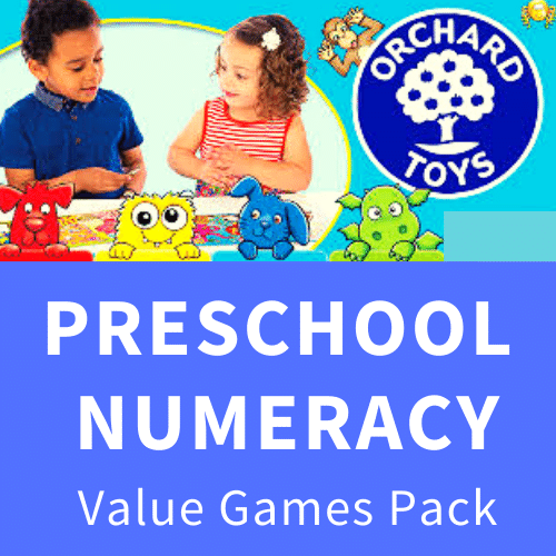 Two children playing with colorful animal characters, the Orchard Toys logo, and Preschool Numeracy text on a blue backgro...