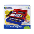 Boxed red and blue toy cash register with a calculator display and an open drawer filled with play Euro money.