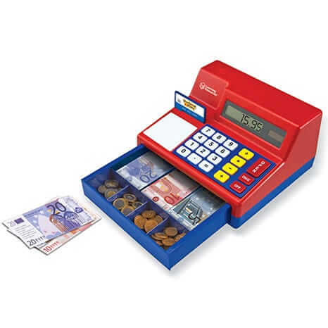 Red and blue toy cash register with an open drawer containing play Euro bills and coins and a digital screen.