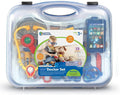Clear plastic doctor's kit containing a yellow stethoscope, blue toy phone, and colorful pretend medical tools.