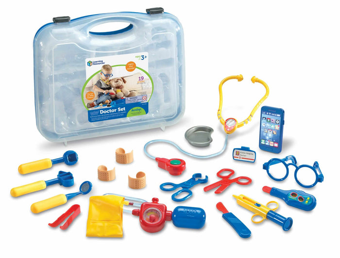 19-piece toy doctor kit with a clear carrying case, yellow stethoscope, and various blue, red, and yellow medical tools.