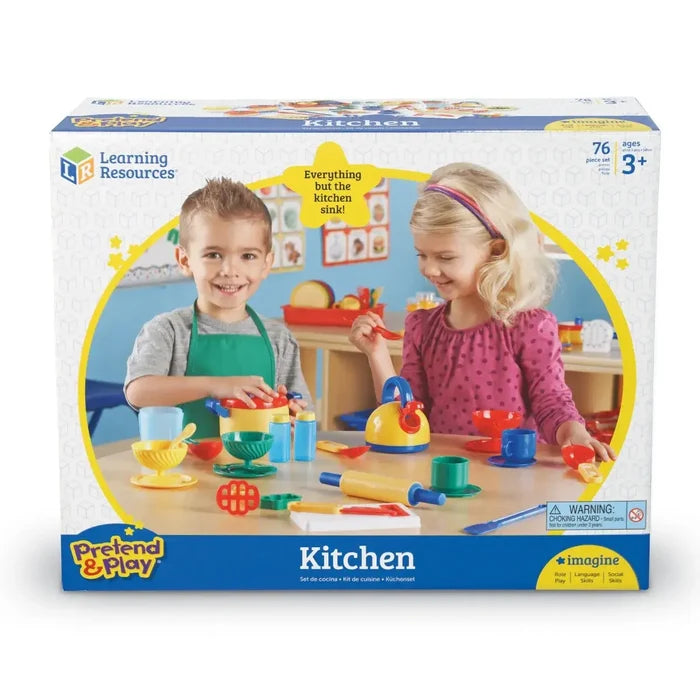 Box art showing two kids with a colorful 76-piece toy kitchen set including a yellow kettle, plates, and utensils.