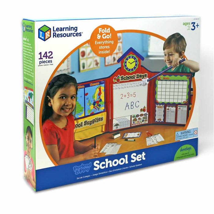 Blue box for a 142-piece school set showing children using a pop-up classroom with a whiteboard, maps, and clock.
