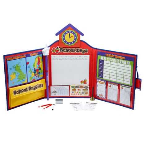 Colorful tri-fold school playset featuring a clock, whiteboard, maps, weather chart, hand pointer, and bell.