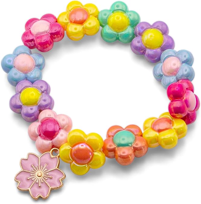 Colorful iridescent flower bead bracelet with a pink cherry blossom charm and gold-toned accents.