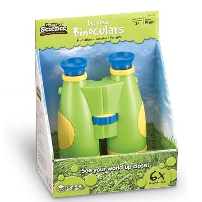 Lime green toy binoculars with blue eyepieces and yellow accents, shown in an open retail display box.