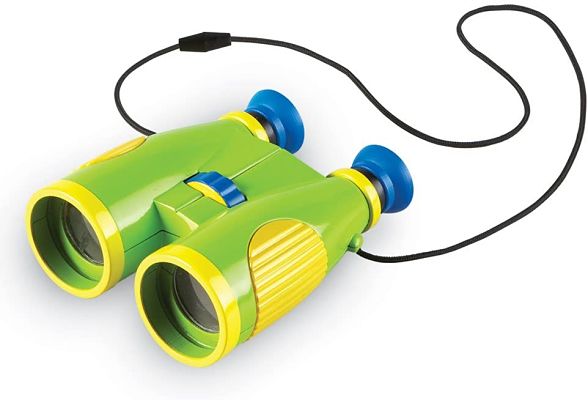 Bright green and yellow toy binoculars with blue eyepieces, a large blue focus dial, and a black neck strap.