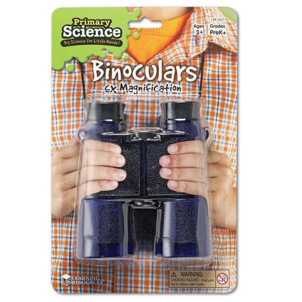 Blue and black binoculars in clear plastic packaging featuring a child in an orange and white plaid shirt.