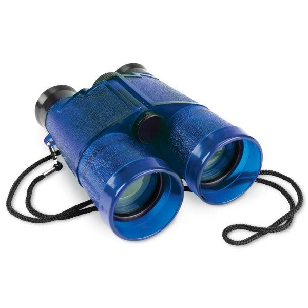 Translucent blue toy binoculars with black eyepieces and a black cord neck strap on a white background.