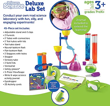 Colorful kids' science set with a toy microscope, flasks, test tubes, stand, activity cards, and safety goggles.