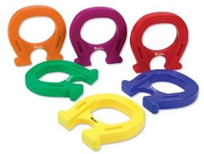Six chunky plastic horseshoe magnets with large handles in orange, purple, red, green, yellow, and blue.