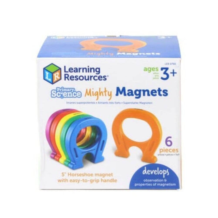 Box for 6 large, colorful horseshoe magnets with easy-grip handles in pink, orange, yellow, green, and blue.