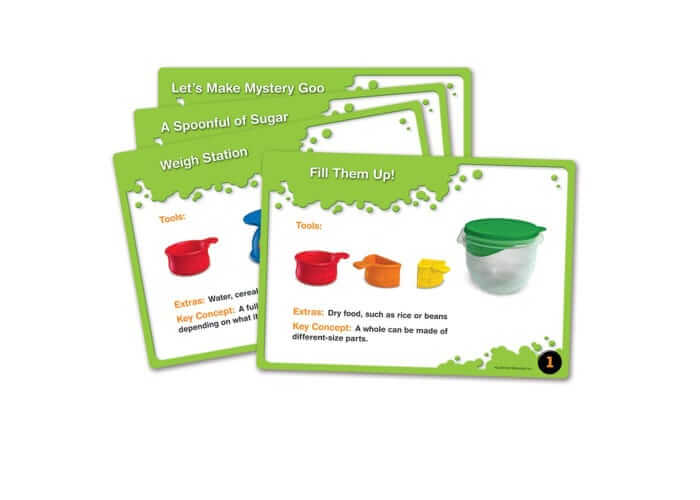 Four green-bordered activity cards showing colorful measuring cups, a clear bowl, and experiment instructions.
