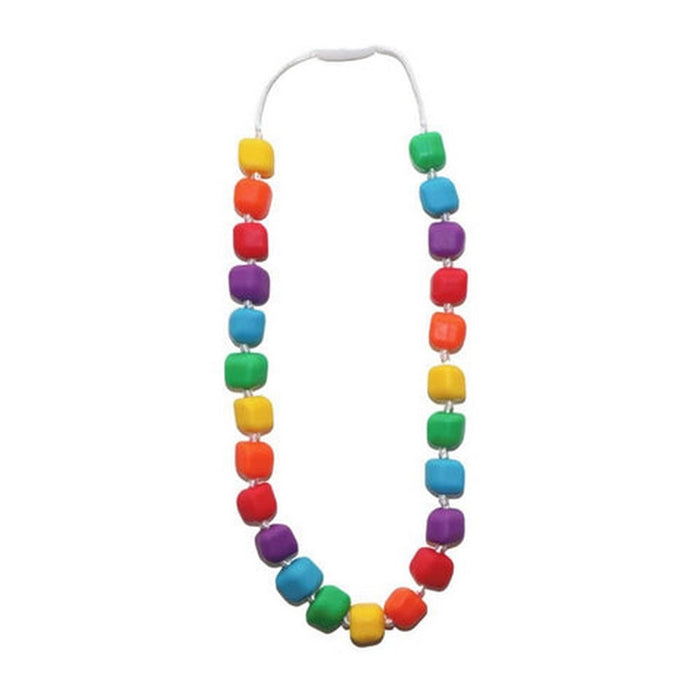 Rainbow-colored chewable necklace with rounded square beads on a white cord with a breakaway safety clasp.