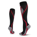 Black and red professional long leg compression socks for cycling by Mead's Supply & Equipment, featuring nylon anti-friction performance fabric.