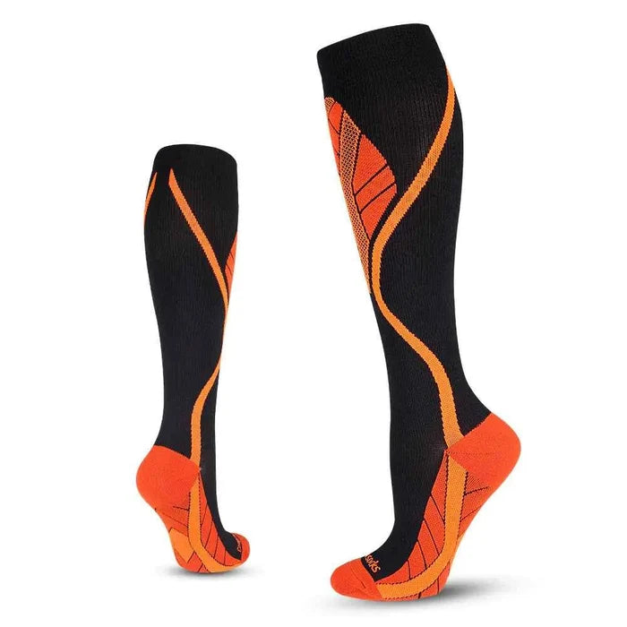 Black and red professional long leg cycling compression socks by Mead's Supply, made of nylon with anti-friction performance features.